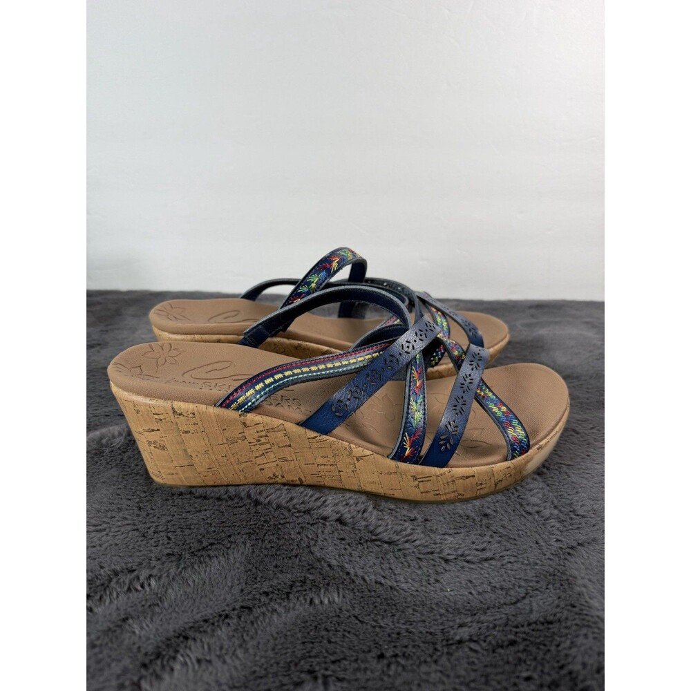Skechers Beverlee Women’s 12 Navy Blue Embroidered Cork Wedge Strappy Sandals